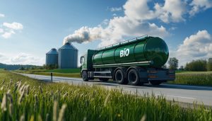 Biofuel Concept: Tank Truck With Bio Inscription, Set Against A Backdrop Of Silos. Symbolizing The Use Of Biofuels In Transportation.