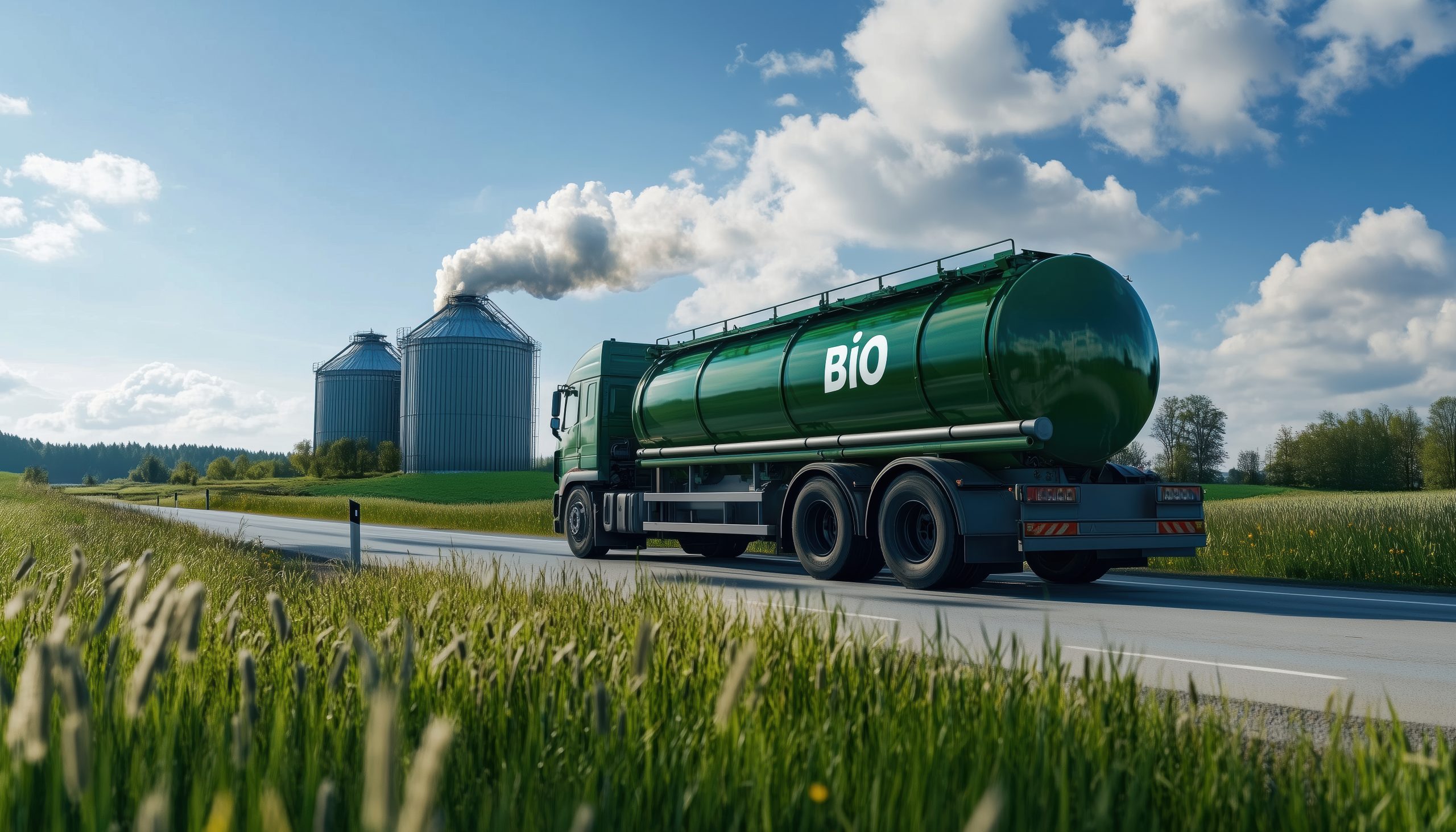 Biofuel Concept: Tank Truck With Bio Inscription, Set Against A Backdrop Of Silos. Symbolizing The Use Of Biofuels In Transportation.